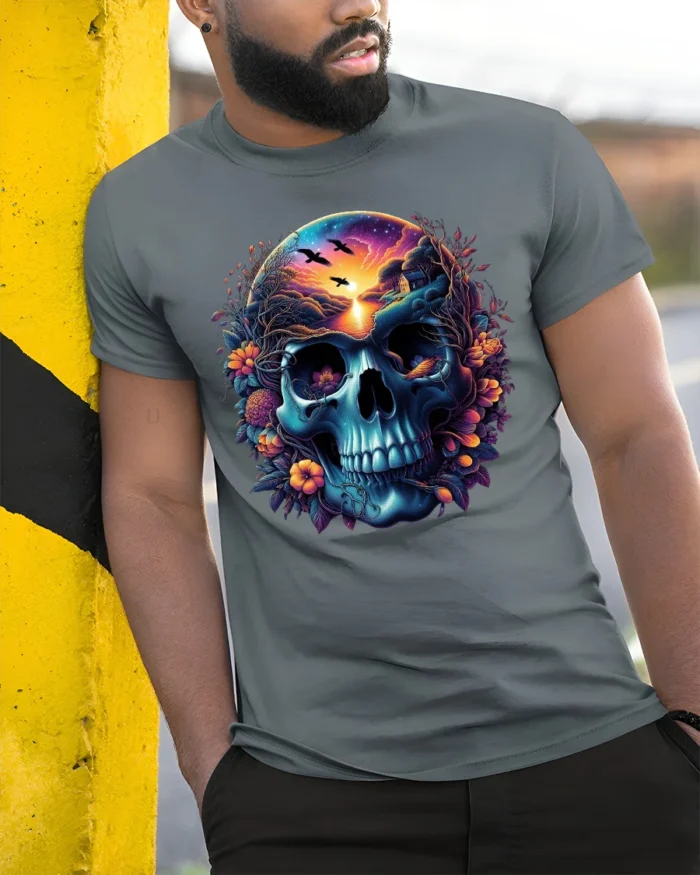 Nature Skull Sunset Peaceful Scene Inside Skull T-Shirt - model in grey shirt leaning against column