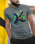 Crazy Joker Symbol T-Shirt Dark Humor Comic Tee - model in grey shirt leaning against column