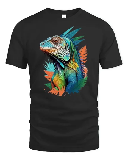 Jungle Reptile Art Tee, Unique Iguana Design T-Shirt - black t-shirt on white background