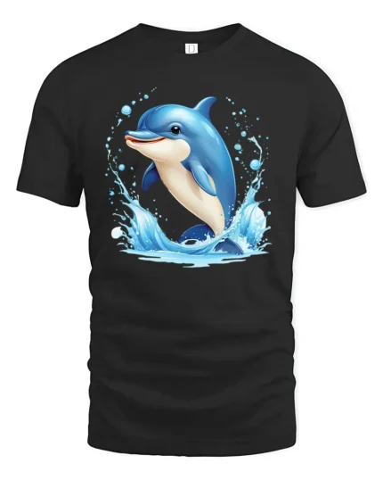 Happy Dolphin Splash Tee, Joyful Ocean T-Shirt for You - black t-shirt on white background