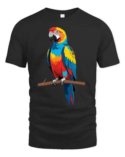 Exotic Parrot Art Tee, Unique Macaw Design T-Shirt - black t-shirt on white background