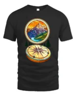 Wanderlust Compass T-Shirt, Soft Mountain Graphic Tee - black t-shirt on white background
