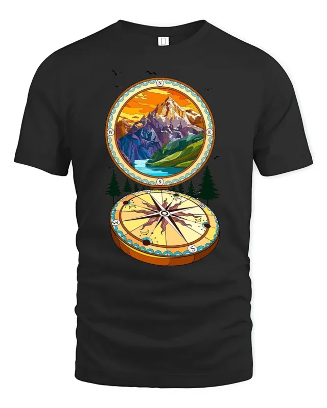 Wanderlust Compass T-Shirt, Soft Mountain Graphic Tee - black t-shirt on white background