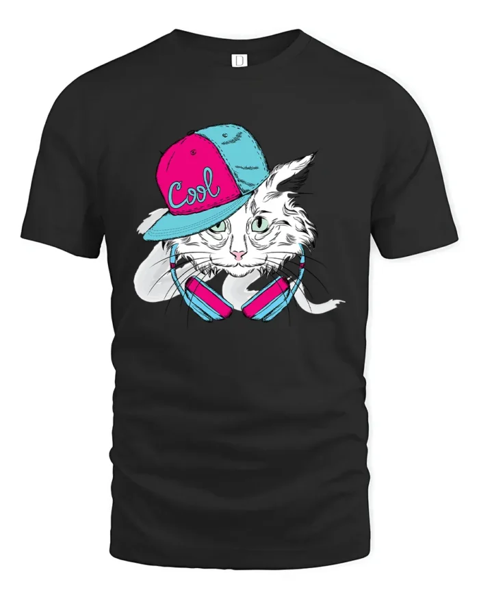 Cool Cat Vibes Tee, Hip Hop Kitten Graphic T-Shirt - black t-shirt on white background