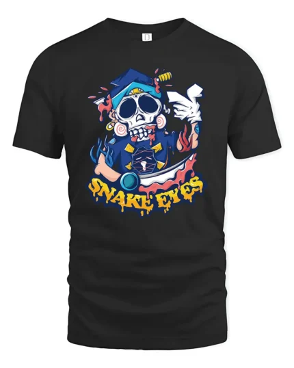 Snake Eyes Skull Tee, Edgy Graphic T-Shirt Design Now - black t-shirt on white background