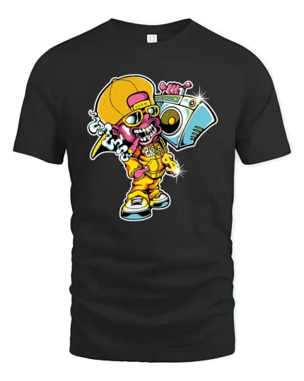 Boombox Kid Urban Tee, Retro Hip Hop Graphic T-Shirt - black t-shirt on white background