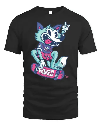 Skateboarding Fox Tee, Cool Cartoon Animal T-Shirt - black t-shirt on white background