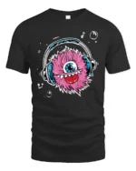 Fuzzy Beats Graphic Tee, Monster Listening Music Tshirt - black t-shirt on white background
