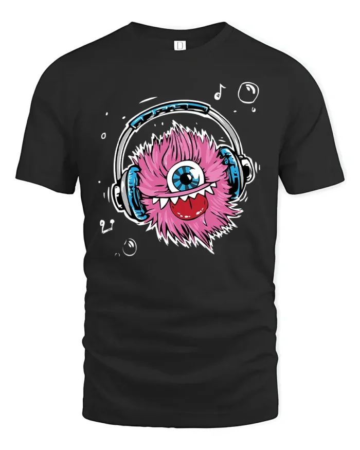 Fuzzy Beats Graphic Tee, Monster Listening Music Tshirt - black t-shirt on white background