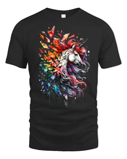 Rainbow Unicorn Splash Tee, Magical Horse Graphic T-Shirt - black t-shirt on white background
