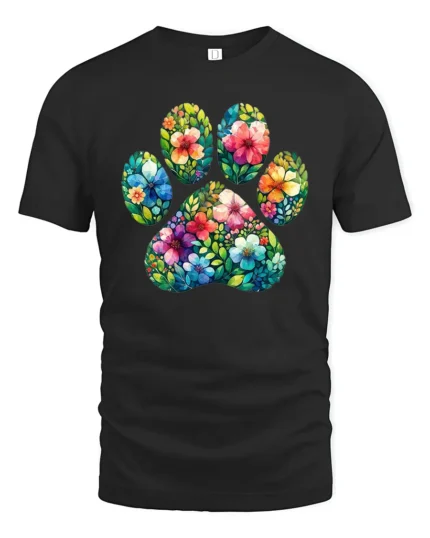 Floral Paw Print Tee,  Cute Pet Lover Graphic T-Shirt - black t-shirt on white background