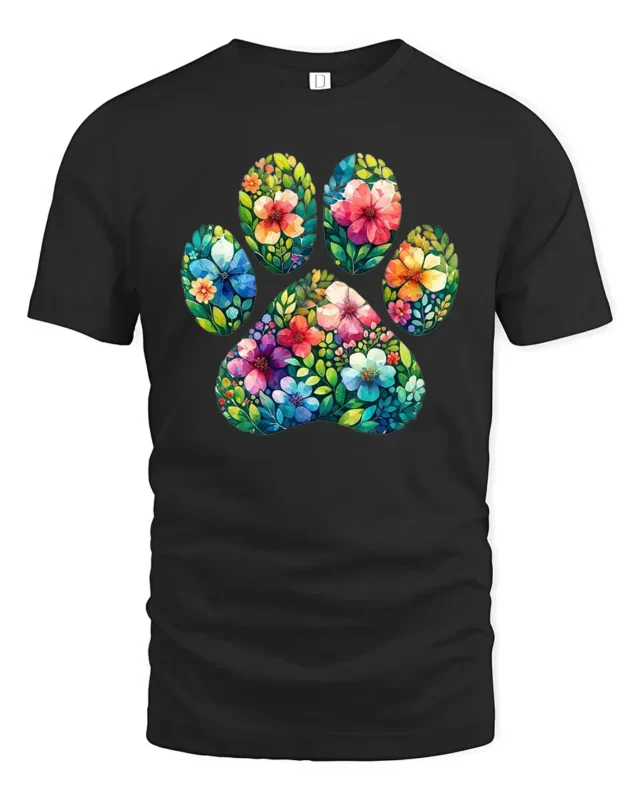 Floral Paw Print Tee,  Cute Pet Lover Graphic T-Shirt - black t-shirt on white background