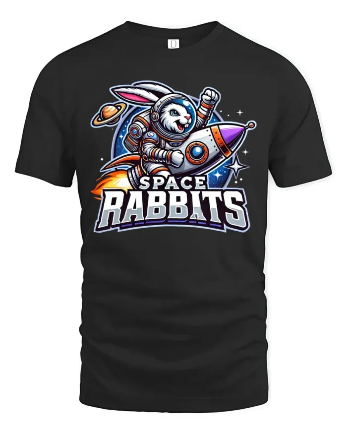 Space Rabbit Rocket Tee - Funny Astronaut Bunny T-Shirt - black t-shirt on white background