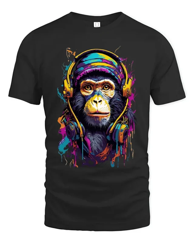 Cool Monkey Headphones Tee - Colorful Music Lover T-Shirt - black t-shirt on white background