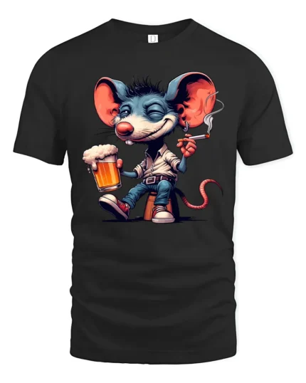 Funny Party Mouse Tee - Happy Mouse Beer and Cigarette T-Shirt - black t-shirt on white background