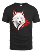 White Wolf Face Tee - Red Border Graphic Animal T-Shirt - black t-shirt on white background