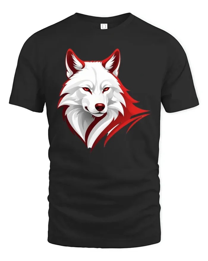 White Wolf Face Tee - Red Border Graphic Animal T-Shirt - black t-shirt on white background