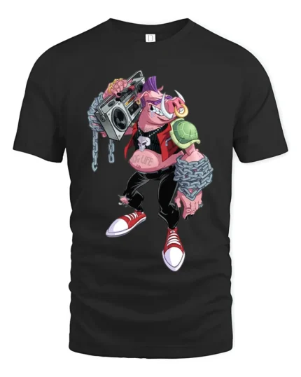 Mutant Rocker T-Shirt - Cool Cartoon Pig Turtle Tee - black t-shirt on white background