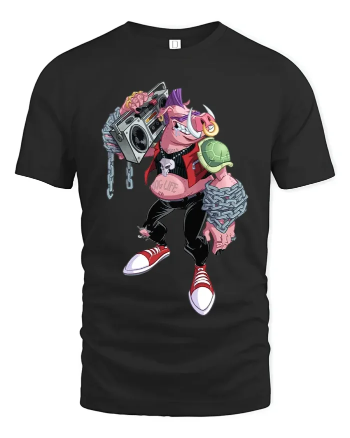 Mutant Rocker T-Shirt - Cool Cartoon Pig Turtle Tee - black t-shirt on white background