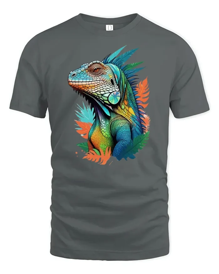 Jungle Reptile Art Tee, Unique Iguana Design T-Shirt - gray t-shirt on white background