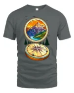 Wanderlust Compass T-Shirt, Soft Mountain Graphic Tee - gray t-shirt on white background