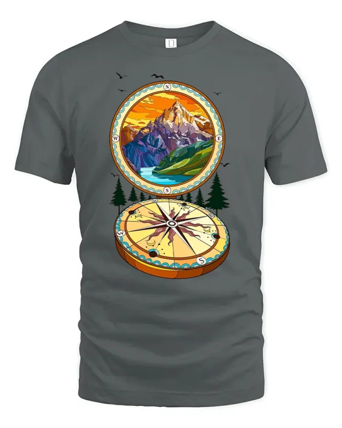Wanderlust Compass T-Shirt, Soft Mountain Graphic Tee - gray t-shirt on white background