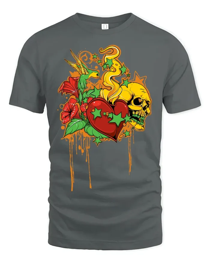 Melting Heart Skull T-Shirt, Cool Graphic Tee Now - gray t-shirt on white background