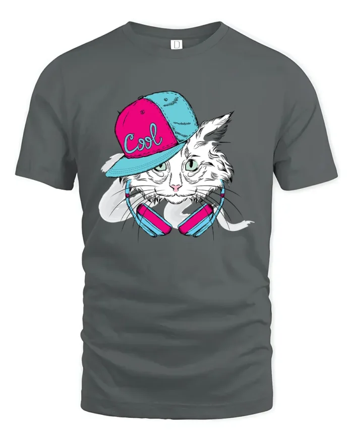 Cool Cat Vibes Tee, Hip Hop Kitten Graphic T-Shirt - gray t-shirt on white background