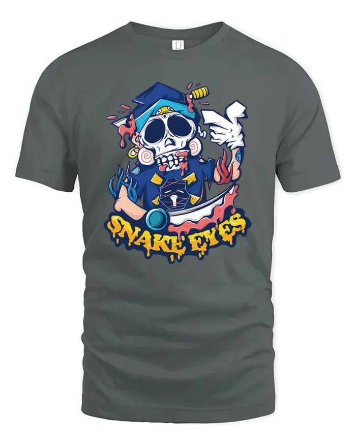Snake Eyes Skull Tee, Edgy Graphic T-Shirt Design Now - gray t-shirt on white background