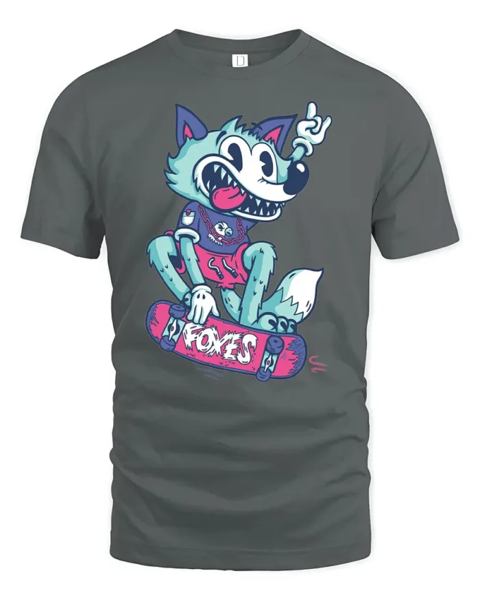 Skateboarding Fox Tee, Cool Cartoon Animal T-Shirt - gray t-shirt on white background