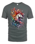 Rainbow Unicorn Splash Tee, Magical Horse Graphic T-Shirt - gray t-shirt on white background