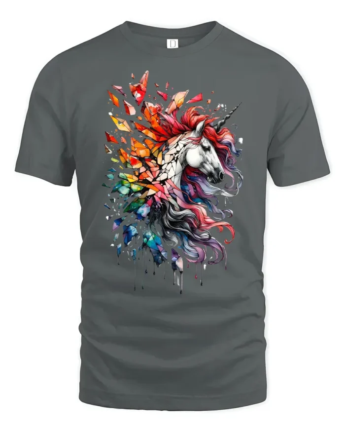 Rainbow Unicorn Splash Tee, Magical Horse Graphic T-Shirt - gray t-shirt on white background