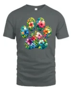 Floral Paw Print Tee, Cute Pet Lover Graphic T-Shirt - gray t-shirt on white background