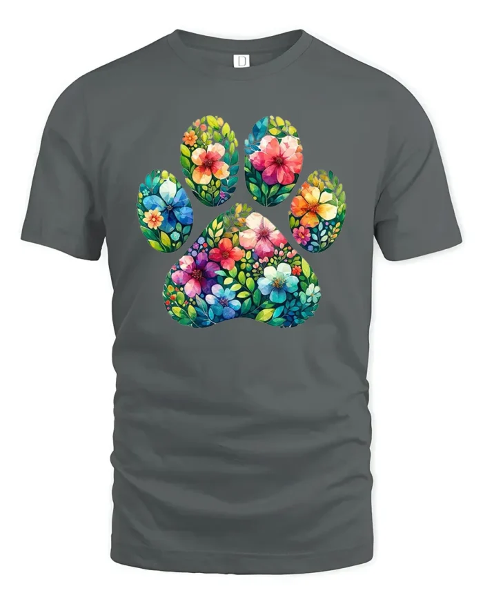 Floral Paw Print Tee,  Cute Pet Lover Graphic T-Shirt - gray t-shirt on white background