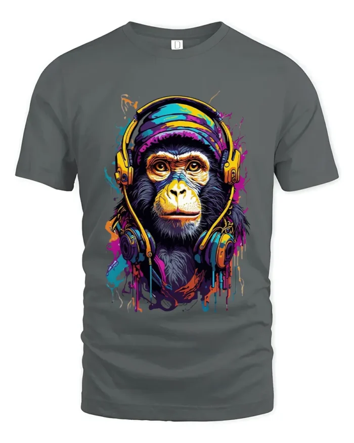 Cool Monkey Headphones Tee - Colorful Music Lover T-Shirt - gray t-shirt on white background