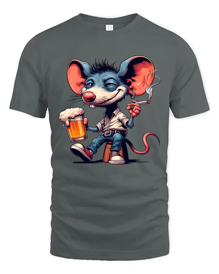 Funny Party Mouse Tee - Happy Mouse Beer and Cigarette T-Shirt - gray t-shirt on white background