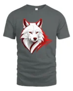 White Wolf Face Tee - Red Border Graphic Animal T-Shirt - gray t-shirt on white background