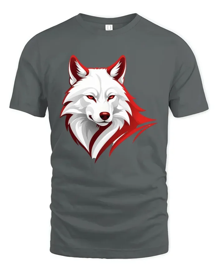 White Wolf Face Tee - Red Border Graphic Animal T-Shirt - gray t-shirt on white background