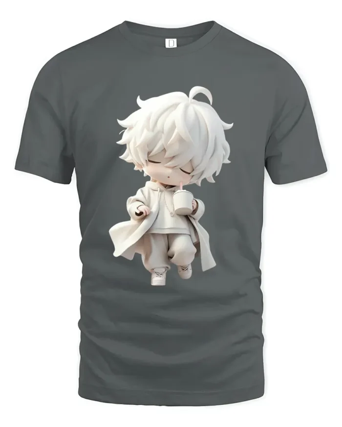 Cute Sipping Tee - Cartoon Character Drink Graphic T-Shirt - gray t-shirt on white background