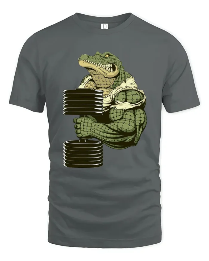 Strong Croc Lift Tee - Funny Gator Gym Workout T-Shirt - gray t-shirt on white background