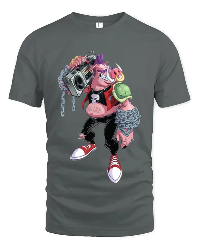 Mutant Rocker T-Shirt - Cool Cartoon Pig Turtle Tee - gray t-shirt on white background