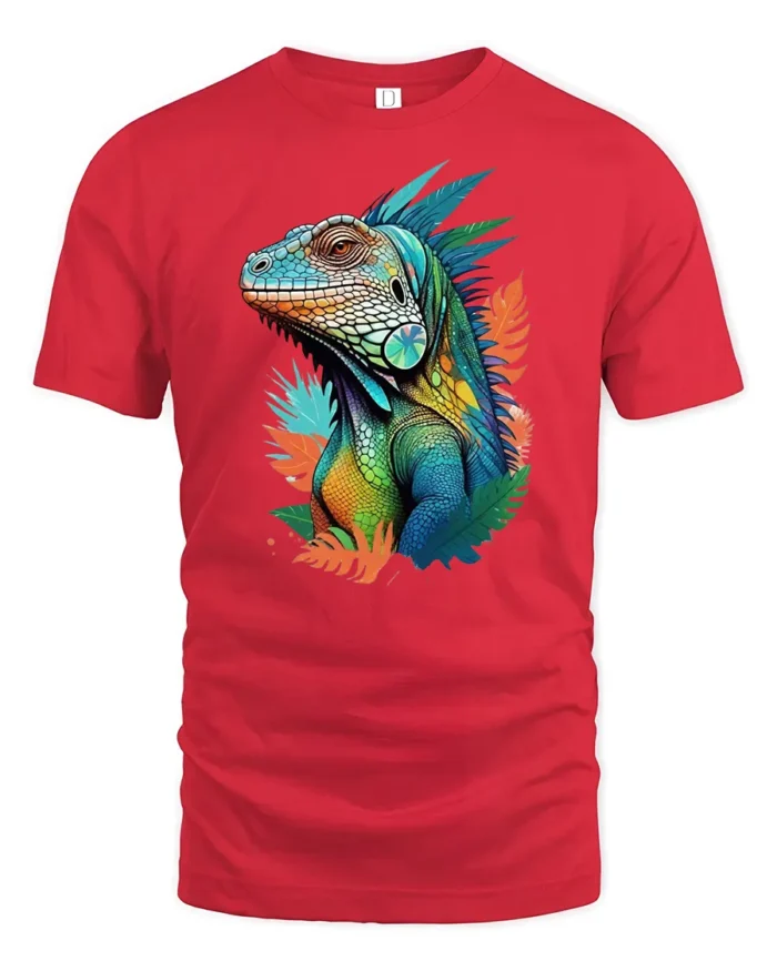 Jungle Reptile Art Tee, Unique Iguana Design T-Shirt - red t-shirt on white background