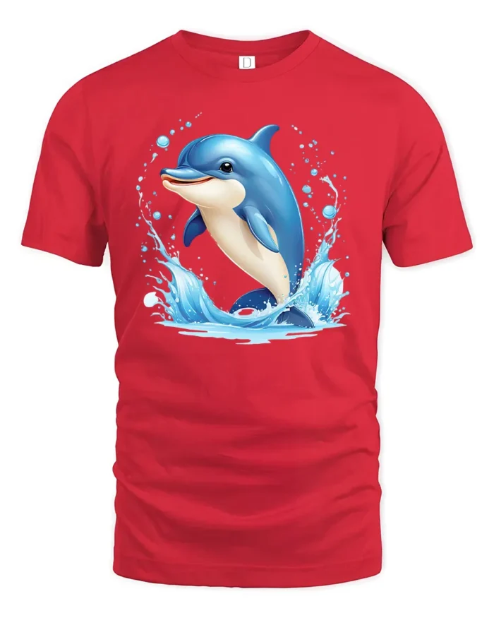 Happy Dolphin Splash Tee, Joyful Ocean T-Shirt for You - red t-shirt on white background