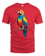 Exotic Parrot Art Tee, Unique Macaw Design T-Shirt - red t-shirt on white background