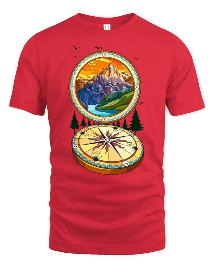 Wanderlust Compass T-Shirt, Soft Mountain Graphic Tee - red t-shirt on white background