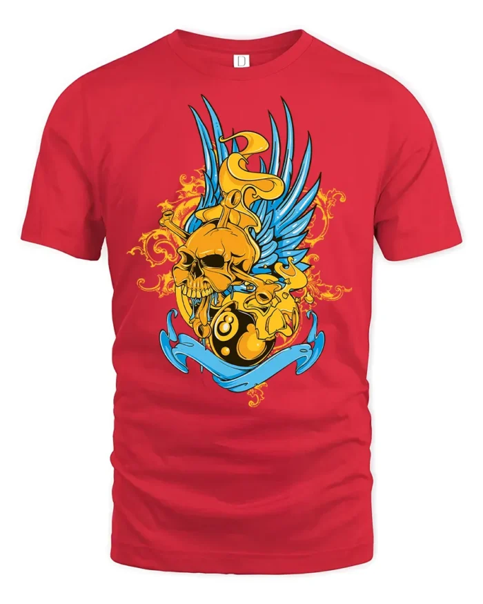 Lucky 8 Ball Skull Tee, Edgy Graphic T-Shirt Gift - red t-shirt on white background