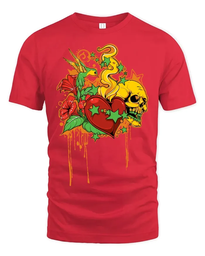 Melting Heart Skull T-Shirt, Cool Graphic Tee Now - red t-shirt on white background