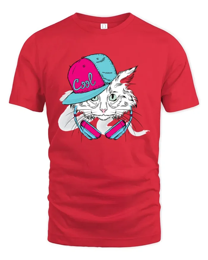 Cool Cat Vibes Tee, Hip Hop Kitten Graphic T-Shirt - red t-shirt on white background