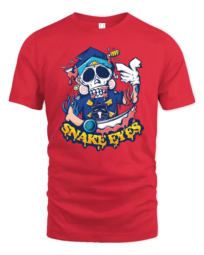 Snake Eyes Skull Tee, Edgy Graphic T-Shirt Design Now - red t-shirt on white background
