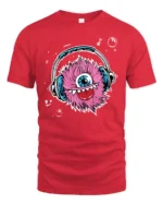 Fuzzy Beats Graphic Tee, Monster Listening Music Tshirt - red t-shirt on white background